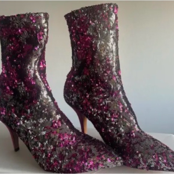 Valentino Garavani Sequin Ankle Boots - Pink and Black-SKU 401091 424650. - Picture 2 of 10